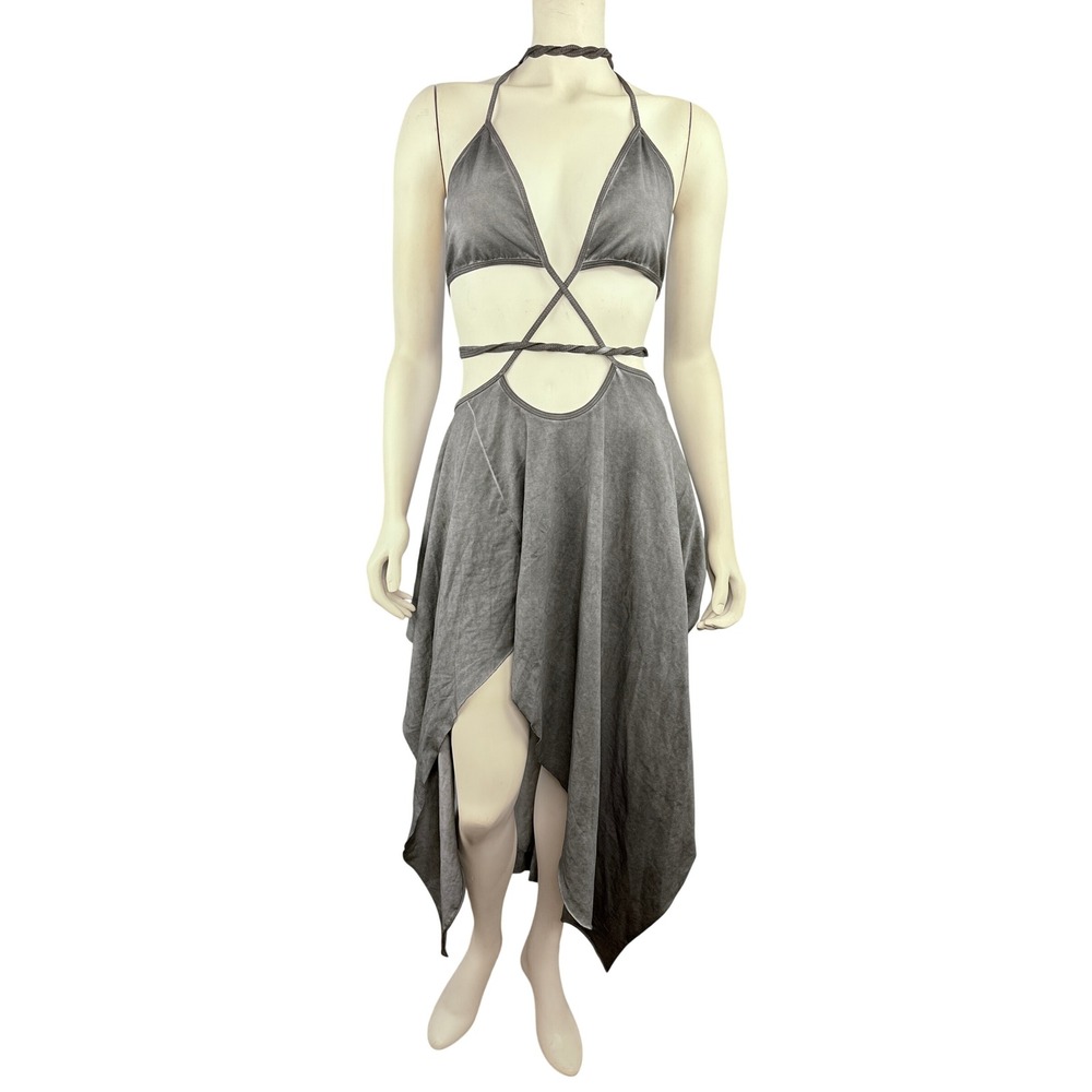 Darker Waves Halter Dress Womens XXL Gray Cut Out Asymmetrical Hem Goth Alt‎